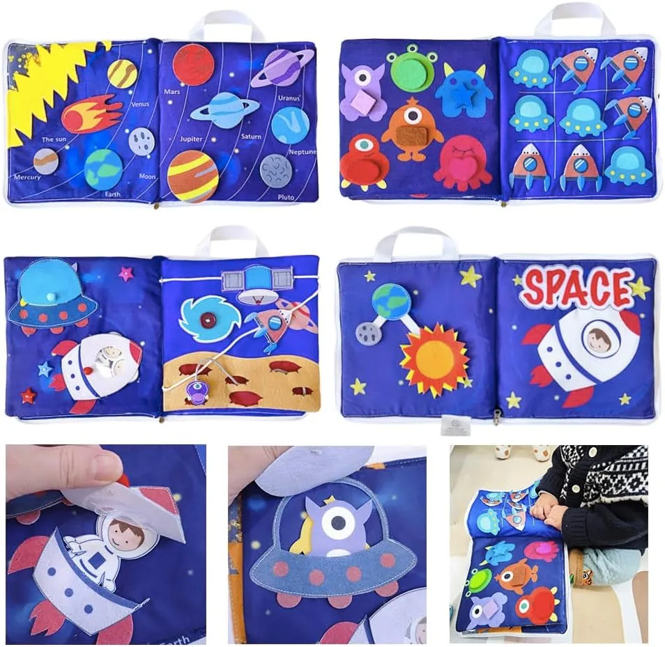 ﻿ Space Exploration Soft Activity Book - Sensory Quiet Book for Toddlers, 8 Interactive Activities, Montessori Cloth Book, Travel Toy -8 * 8.4 Inches (Space Book)