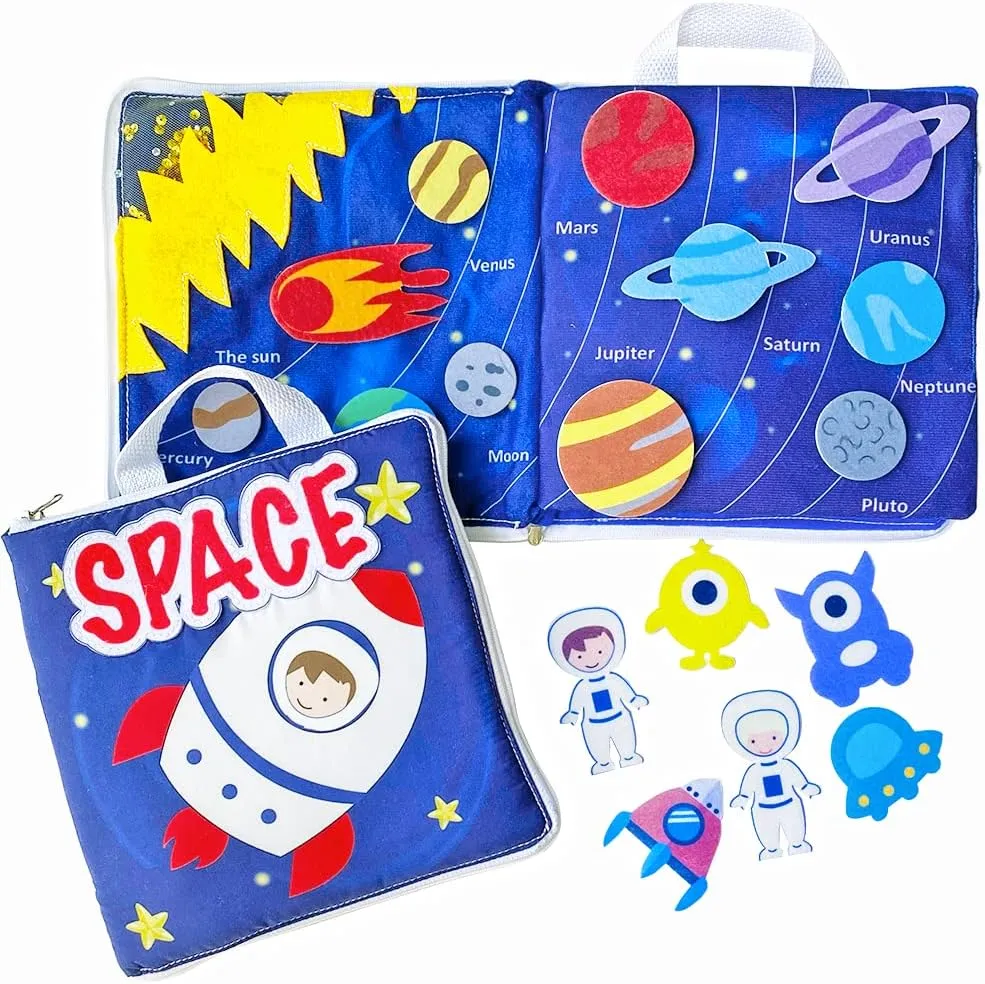 ﻿ Space Exploration Soft Activity Book - Sensory Quiet Book for Toddlers, 8 Interactive Activities, Montessori Cloth Book, Travel Toy -8 * 8.4 Inches (Space Book)