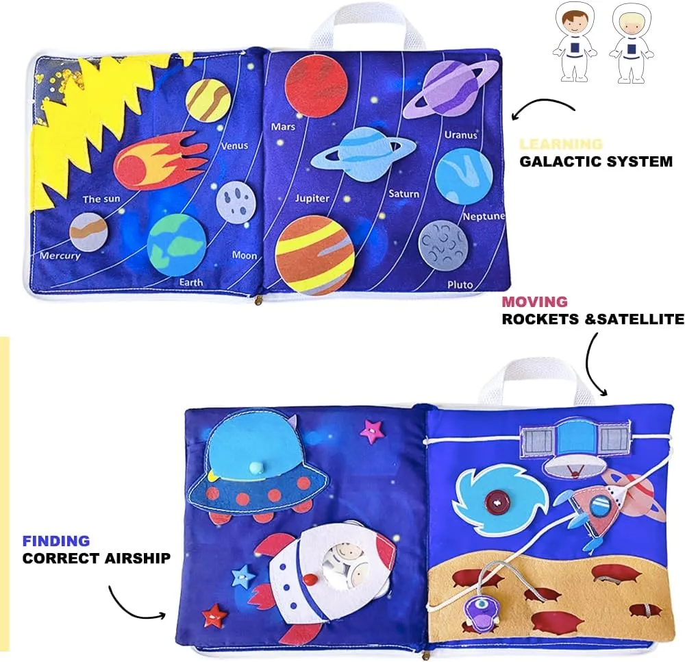 ﻿ Space Exploration Soft Activity Book - Sensory Quiet Book for Toddlers, 8 Interactive Activities, Montessori Cloth Book, Travel Toy -8 * 8.4 Inches (Space Book)