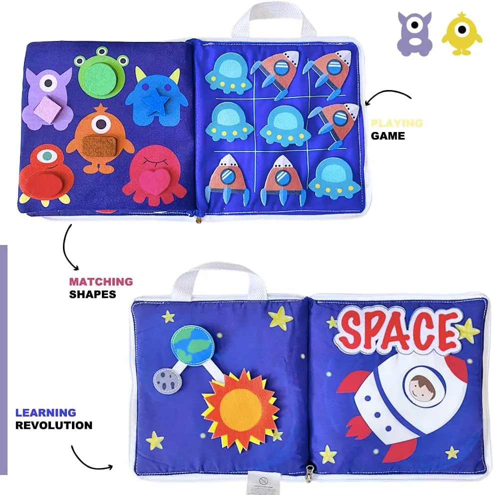 ﻿ Space Exploration Soft Activity Book - Sensory Quiet Book for Toddlers, 8 Interactive Activities, Montessori Cloth Book, Travel Toy -8 * 8.4 Inches (Space Book)