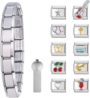 10 Pcs Italian Charm Bracelet, Diy Italian Charms, Classic 2000S Cute Modular Link Starter Charm Bracelet Jewelry Gifts For Women Girl With Tool