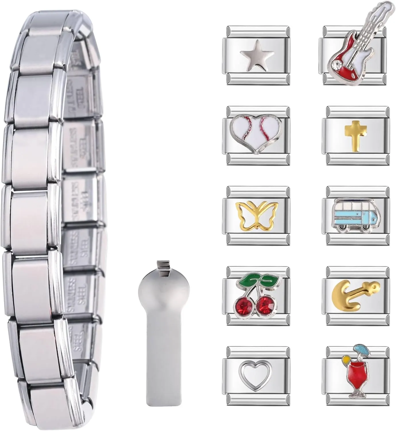 10 Pcs Italian Charm Bracelet, Diy Italian Charms, Classic 2000S Cute Modular Link Starter Charm Bracelet Jewelry Gifts For Women Girl With Tool