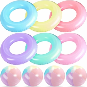 10 Pack Inflatable Pool Floats and Pastel Beach Balls Bulk 30'' Swim Tubes Rings 26.5'' Jumbo Beach Balls Macarons Color Swimming Toys for Adults(Mix Color)