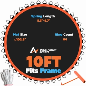 10FT Trampoline Mat Replacement 10 FT Trampoline Replacement Mat Jumping Mat with 64 V-Rings, Fits 5.3"-5.5" Springs 10FT Round Trampoline Frame, Spring Tool Gloves Included