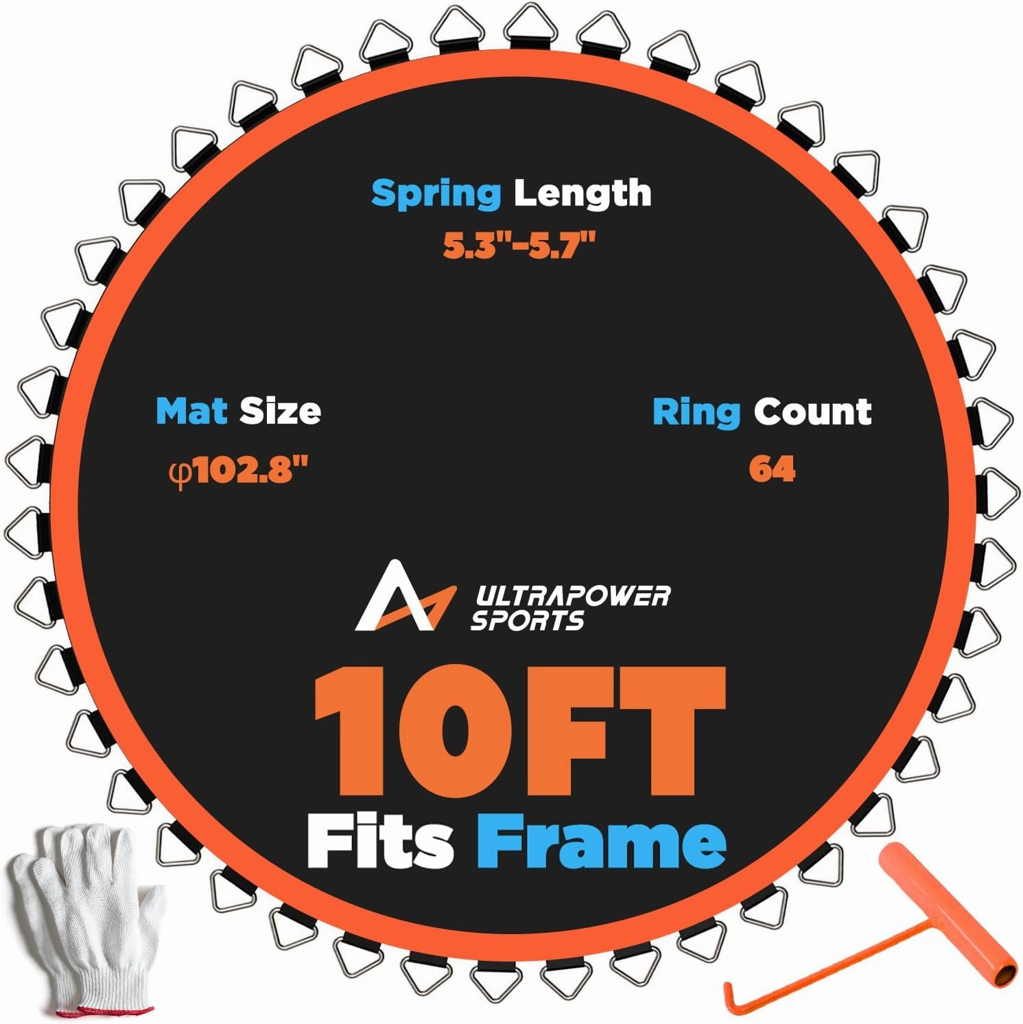 10FT Trampoline Mat Replacement 10 FT Trampoline Replacement Mat Jumping Mat with 64 V-Rings, Fits 5.3"-5.5" Springs 10FT Round Trampoline Frame, Spring Tool Gloves Included
