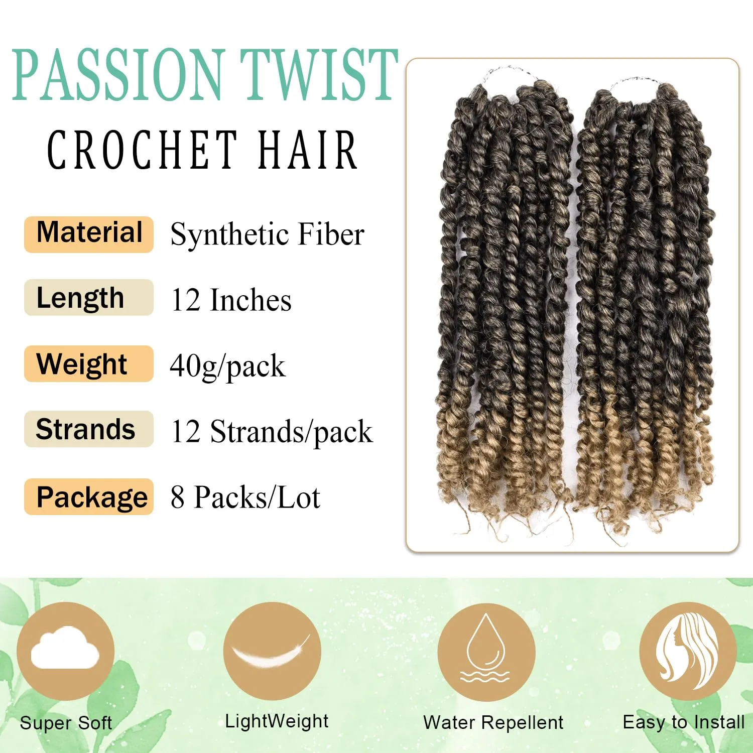 12 Inch Passion Twist Crochet Hair for Black Women 8 packs Pre-twisted Passion Twist Crochet Braids Pre-looped Bohemian Twists Hair Synthetic Braiding Hair Extensions (12Strands/Pack,T27#)