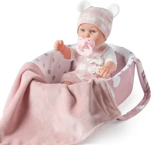 12 Inches Baby Doll Toys Set with Accessories, Includes Doll Carrier Bassinet Bed, Pacifier and Blanket, First Baby Doll for Toddler Girls Age 3 