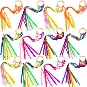 12 Pcs Rainbow Ribbon Wooden Waldorf Toys Creative Waldorf Hand Kite Set Streamers with Wood Ring Sensory Learning Educational Toy for Playroom Dancing Birthday (Bright Color)