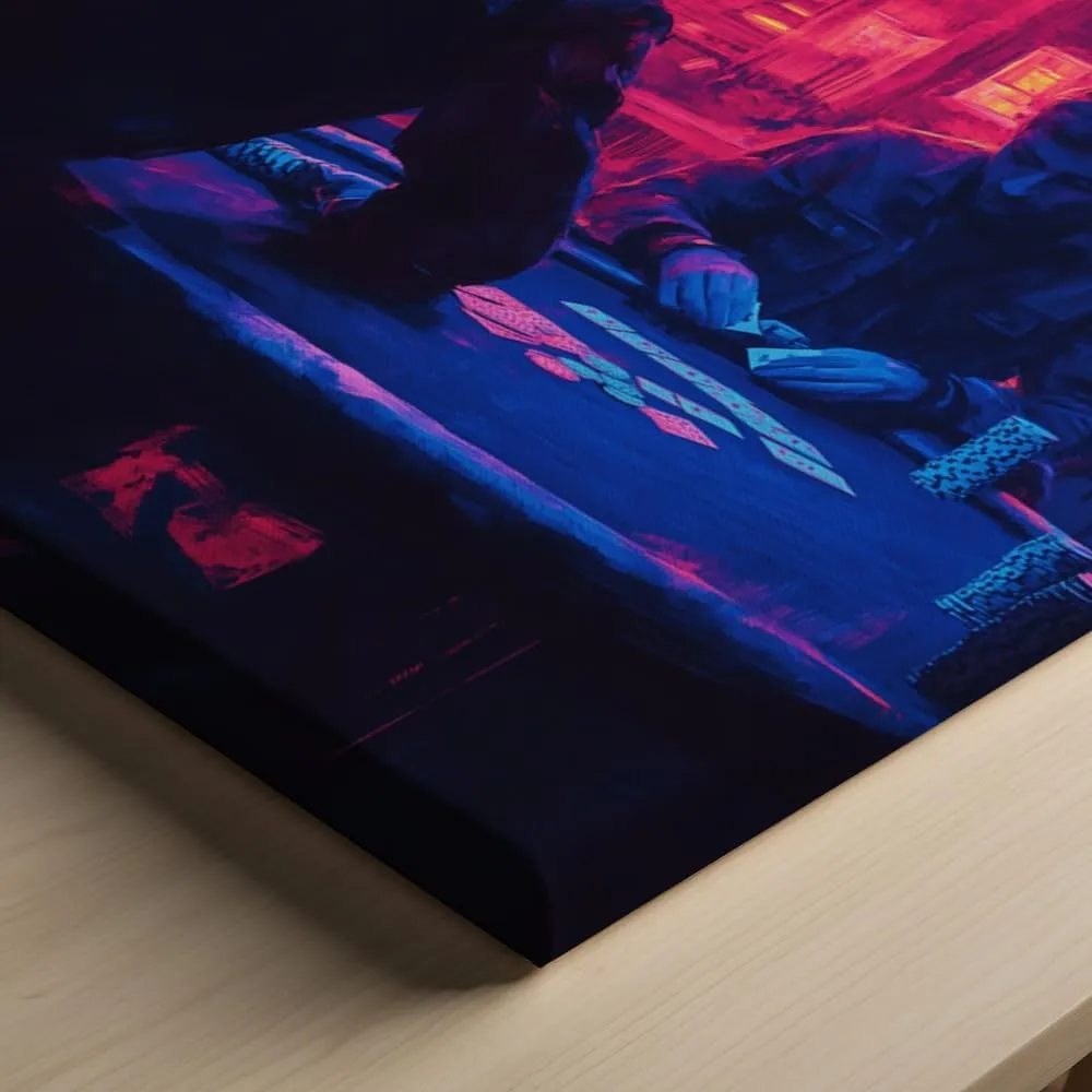 (12 x 16 x 1.25 IN) Gallery Wrapped Canvas Wall Art Print of Minimalism Poster: Player shuffling a deck of cards at a neon-lit gaming room - 100% Cotton, Ready to Hang, High-Definit - 925UNCAh568921WH