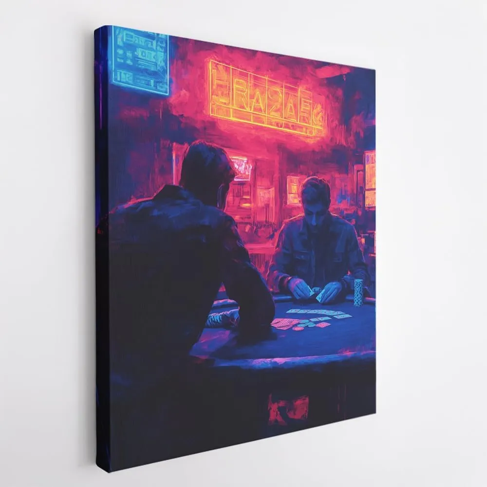 (12 x 16 x 1.25 IN) Gallery Wrapped Canvas Wall Art Print of Minimalism Poster: Player shuffling a deck of cards at a neon-lit gaming room - 100% Cotton, Ready to Hang, High-Definit - 925UNCAh568921WH