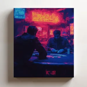 (12 x 16 x 1.25 IN) Gallery Wrapped Canvas Wall Art Print of Minimalism Poster: Player shuffling a deck of cards at a neon-lit gaming room - 100% Cotton, Ready to Hang, High-Definit - 925UNCAh568921WH