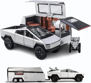 1/24 diecast Pickup Trailer Model Toy Truck, Off-Road Vehicle Alloy,Car Model Diecast Metal Toy,Truck Model Simulation Sound Light,Gifts for boy Girl. (1:24 with Rv Silver)