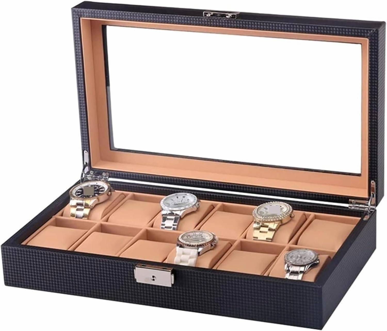 12 Digit,Carbon Fiber Design 12 Slots,Clear Top Wristwatch Holder,PU Leather,Watch Case