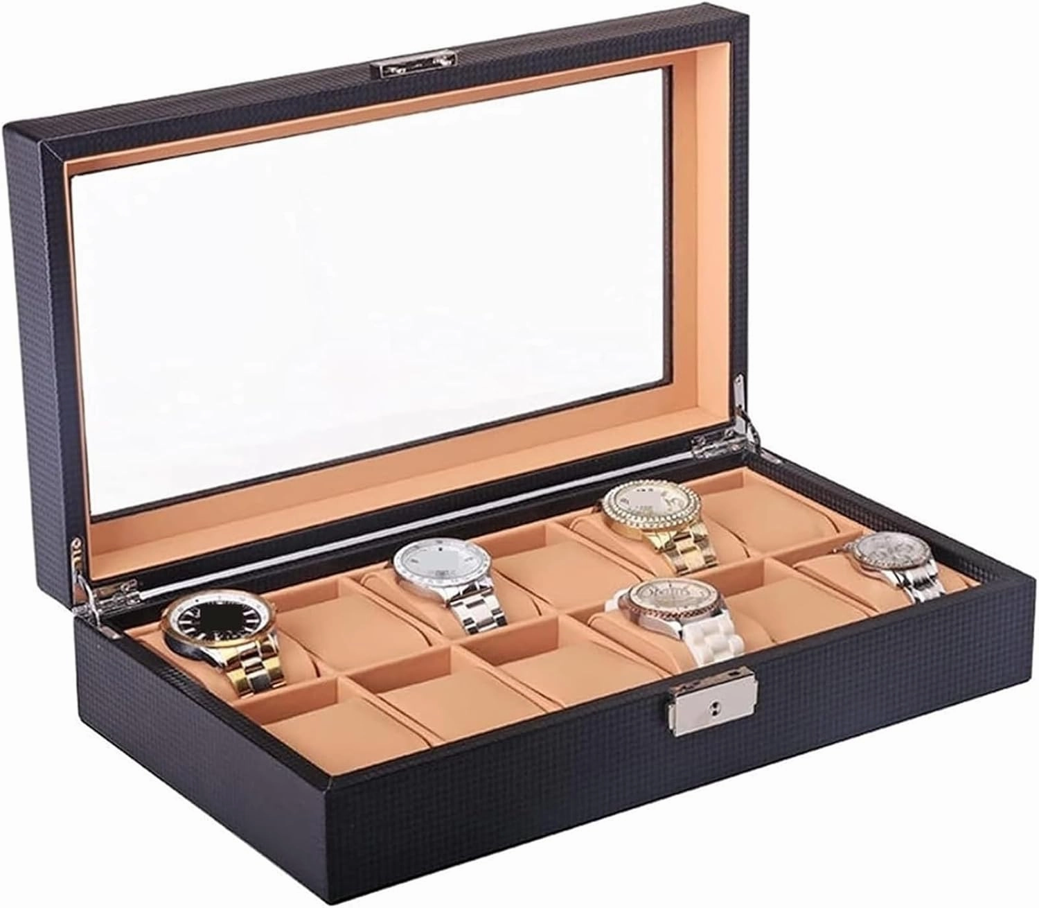 12 Digit,Carbon Fiber Design 12 Slots,Clear Top Wristwatch Holder,PU Leather,Watch Case