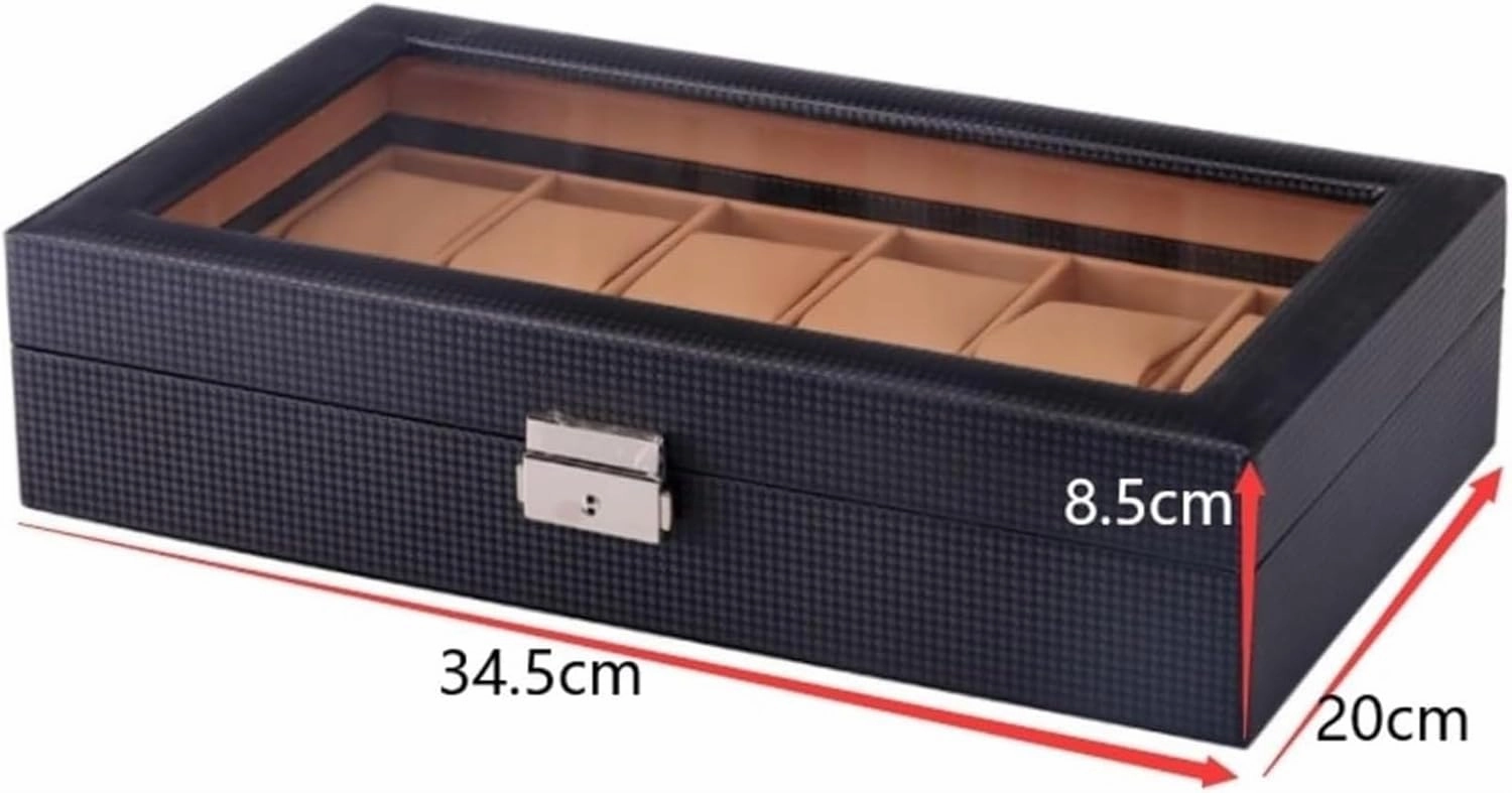 12 Digit,Carbon Fiber Design 12 Slots,Clear Top Wristwatch Holder,PU Leather,Watch Case