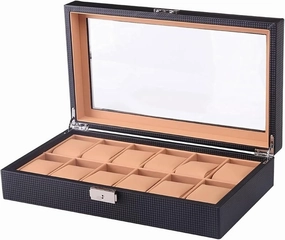 12 Digit,Carbon Fiber Design 12 Slots,Clear Top Wristwatch Holder,PU Leather,Watch Case