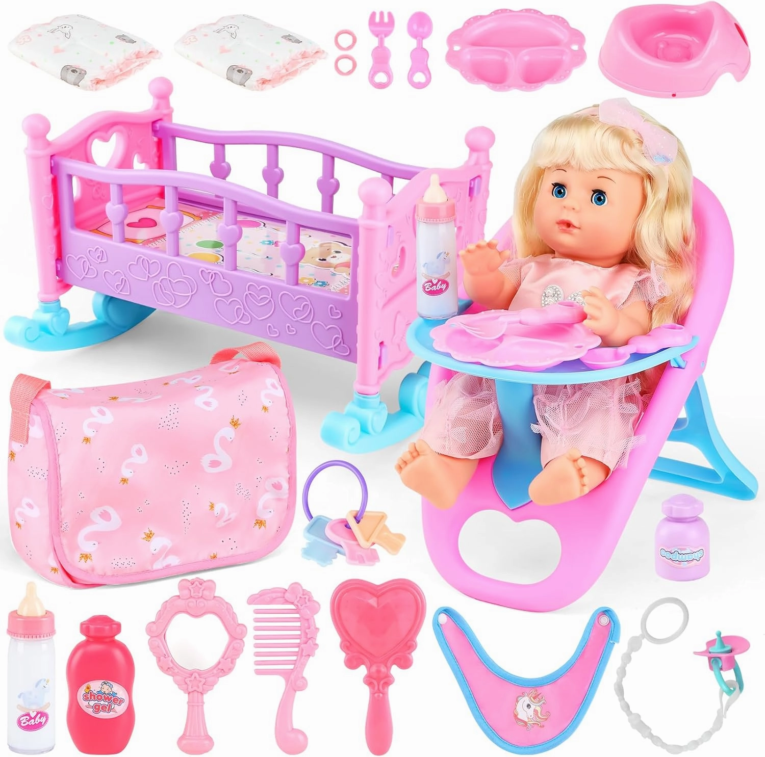 12" Realistic Baby Doll Set Toys for 3 Year Old Girl,Newborn Dolls Pretend Play Set with Crib,Toddler Dining Chair,Bottle,Feeding Set ,Baby Doll Accessories and Clothes,Birthday Gifts for Kids Ages 3 