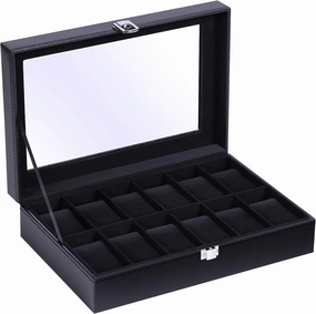 12-Slot Watch Box for Men & Women – PU Leather Watch Organizer with Glass Lid, Jewelry Display Storage Case