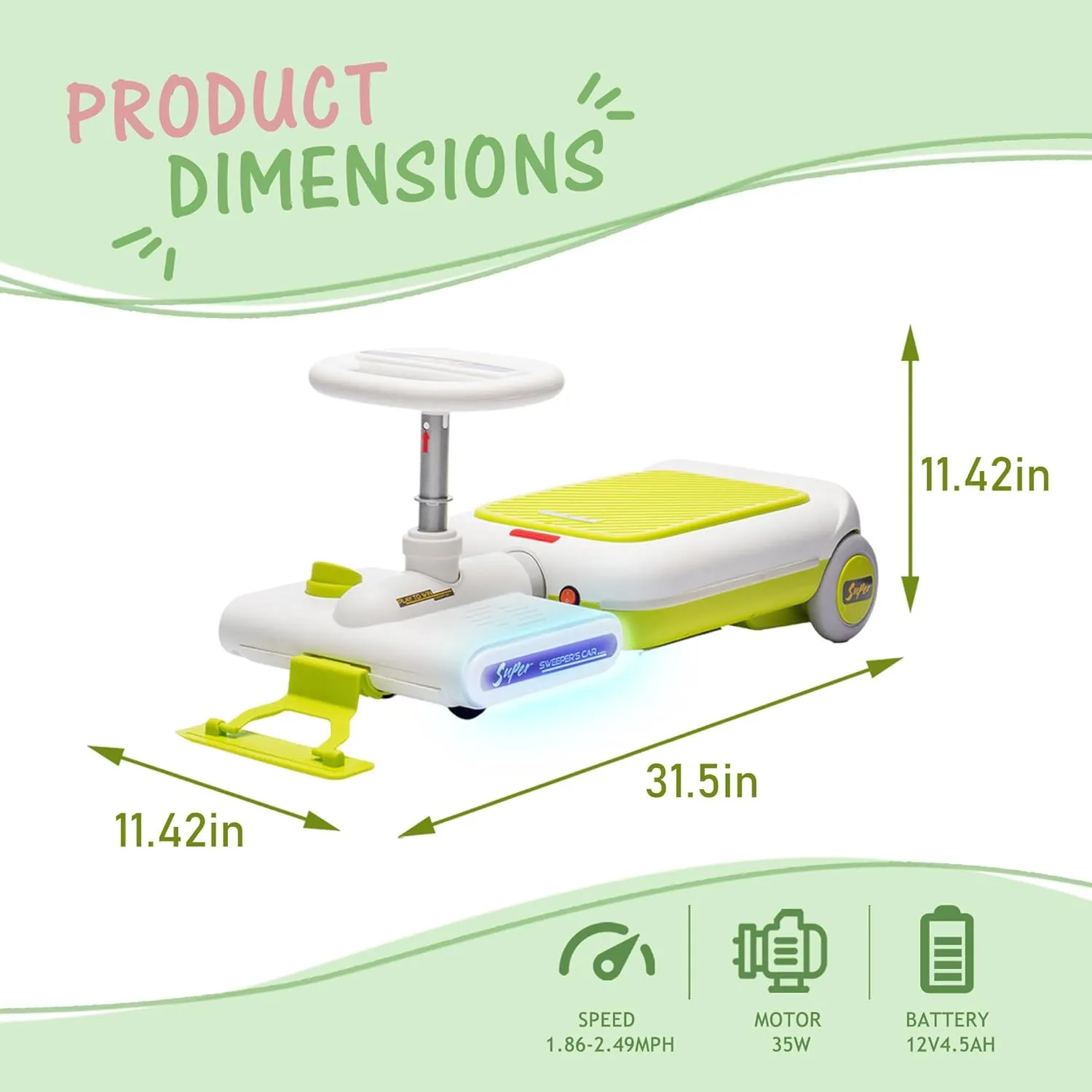 12V Kids Electric Go Kart, 3 in 1 Go Kart, Mop Cart with Adjustable Speed, Clean Car for Kids Ages 3 , Rechargeable Battery, Adjustable Mop Length, Mood Light and Music, Light Green