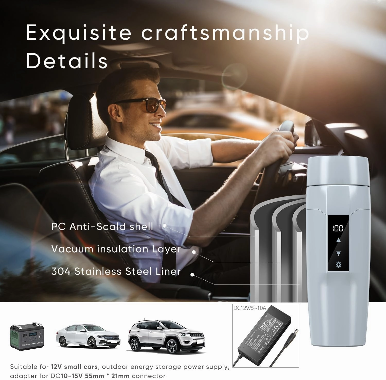 12V Car Electric Heating Kettle with Temperature Control, 40~100 ℃ Adjustable, Mini Portable Electric Water Mug, Anti-leakage, 80W Fast Heating Insulation Cup, Anti-dry Fever, Auto- shutdown, Gray