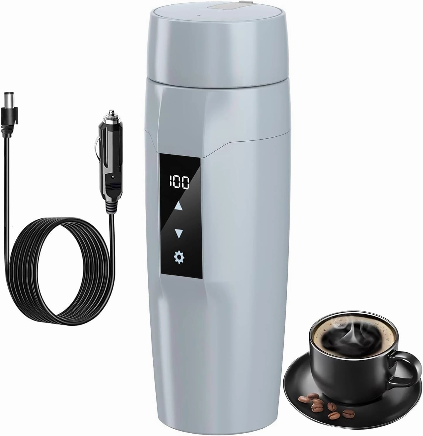 12V Car Electric Heating Kettle with Temperature Control, 40~100 ℃ Adjustable, Mini Portable Electric Water Mug, Anti-leakage, 80W Fast Heating Insulation Cup, Anti-dry Fever, Auto- shutdown, Gray