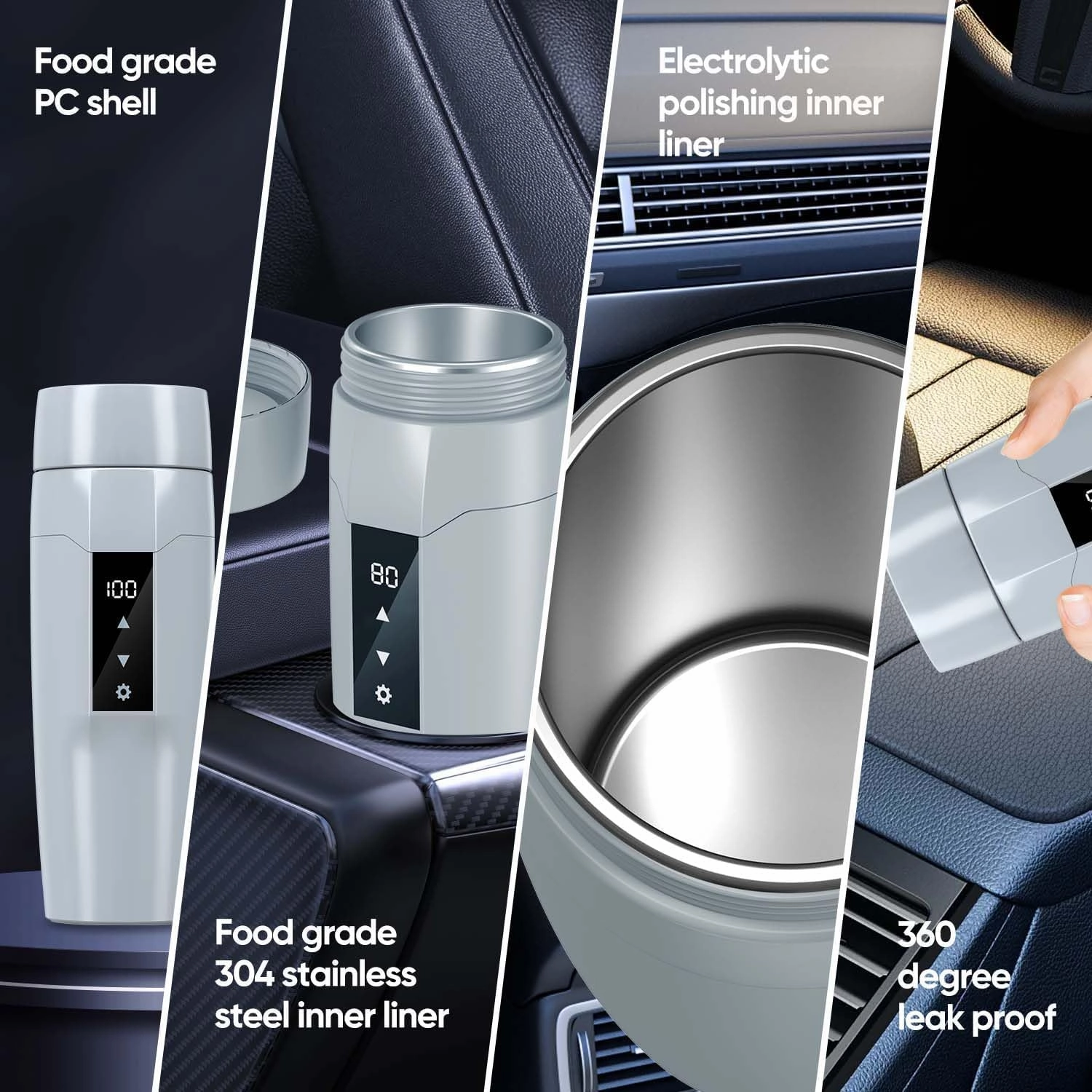 12V Car Electric Heating Kettle with Temperature Control, 40~100 ℃ Adjustable, Mini Portable Electric Water Mug, Anti-leakage, 80W Fast Heating Insulation Cup, Anti-dry Fever, Auto- shutdown, Gray