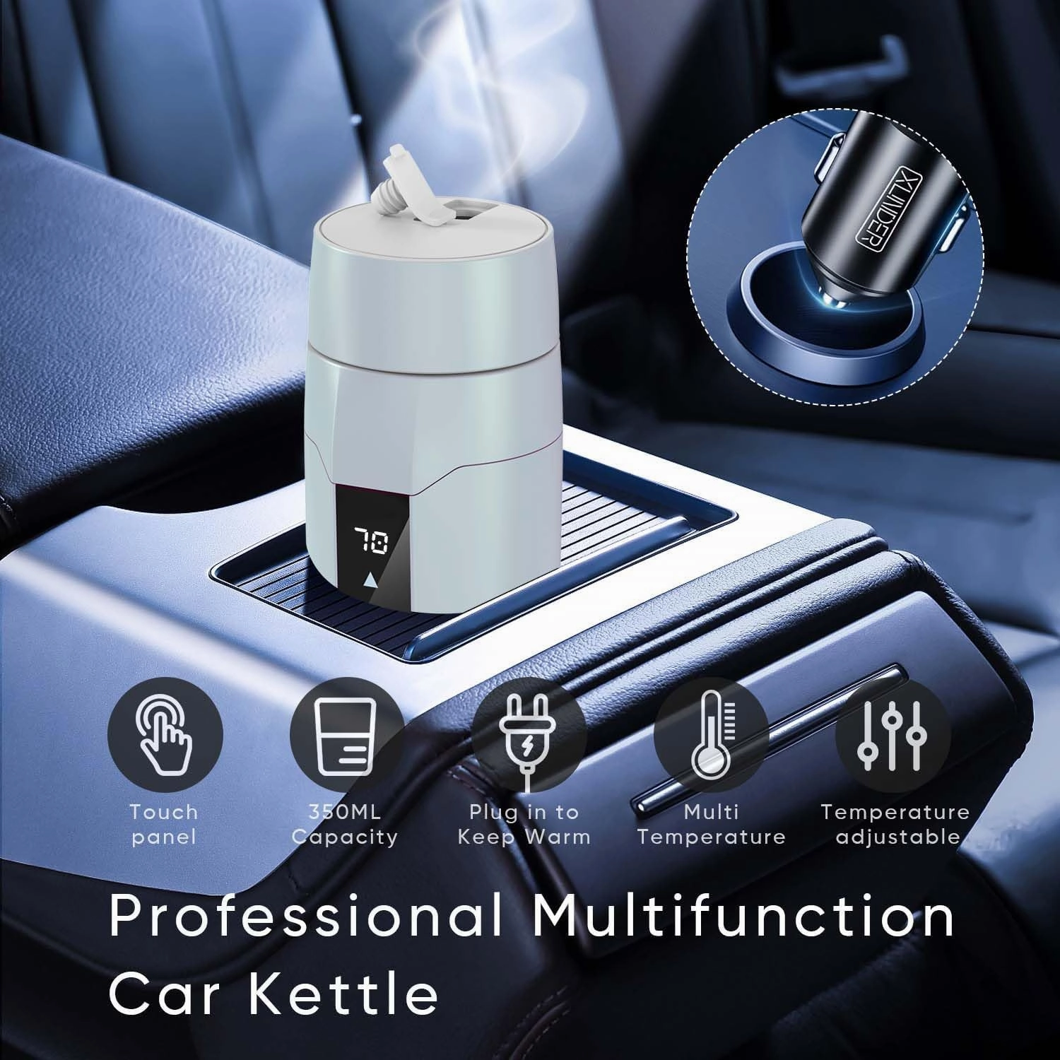 12V Car Electric Heating Kettle with Temperature Control, 40~100 ℃ Adjustable, Mini Portable Electric Water Mug, Anti-leakage, 80W Fast Heating Insulation Cup, Anti-dry Fever, Auto- shutdown, Gray