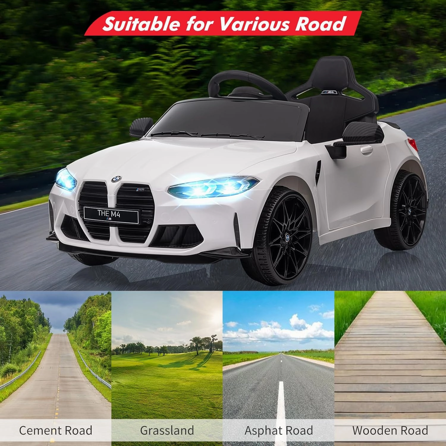 12V Kids Ride On Toy Car，Licensed BMW M4, Electric Kids Ride-On Car Powered Vehicle Car for Boys and Girls, W/USB, Mp3, Bluetooth, Led Light,Parents Remote Control, 3 Speeds, for Boys and Girls-White