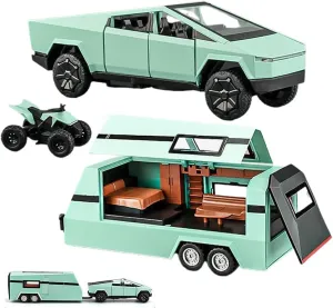 1/32 Pickup Trailer RV Model Kit, Off-Road Vehicle Alloy,Car Model Diecast Metal Toy,Truck Model Simulation Sound Light,Gifts for boy Girl. (with RV All Green-B)