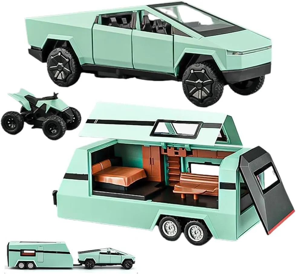 1/32 Pickup Trailer RV Model Kit, Off-Road Vehicle Alloy,Car Model Diecast Metal Toy,Truck Model Simulation Sound Light,Gifts for boy Girl. (with RV All Green-B)