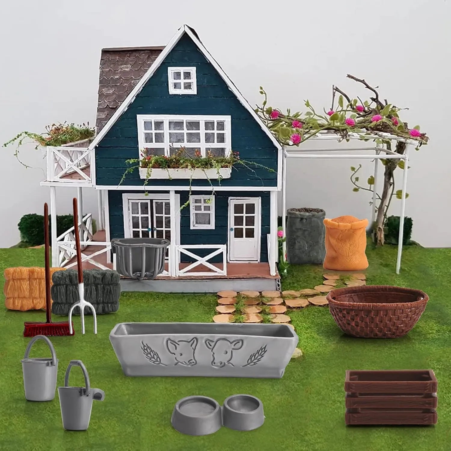 13PCS Farm Toys Feed Barn Food Accessories Toy Farm Tools Set for Animals Figure Horse Stable Playset Fence Accessories Cake Toppers for Kids Toddlers Hay Bale Straw Heap Educational Gift