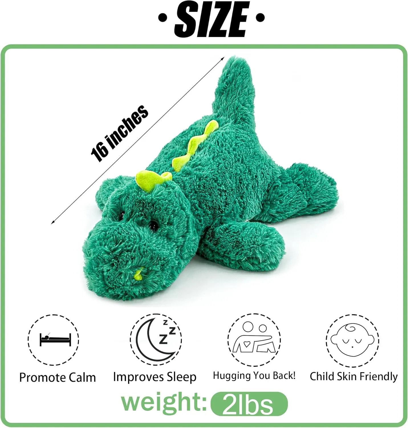 16" | 2 Pounds Green Dinosaur Weighted Stuffed Animals,Sensory Comfort Plush Throw Pillow Toy,Kawaii Plushies Hugging Toy Gifts for Kids & Adults (Dinosaur, 16 inch 2 Pounds)