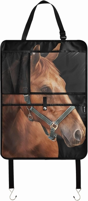 1 PC Automotive Seat Back Protectors, Car Backseat Kick Mats Organizer Tablet Cup Storage Holder Multi-Pocket Accessories Drawing Red Horse Portrait on a Black Background