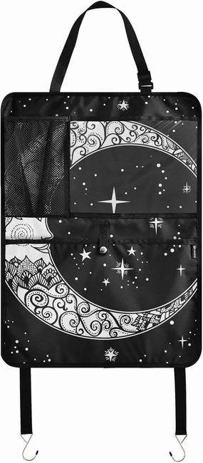 1 PC Automotive Seat Back Protectors, Car Backseat Kick Mats Organizer Tablet Cup Storage Holder Multi-Pocket Accessories Vintage Hand Drawn Retro Face of the Moon Stars on Black