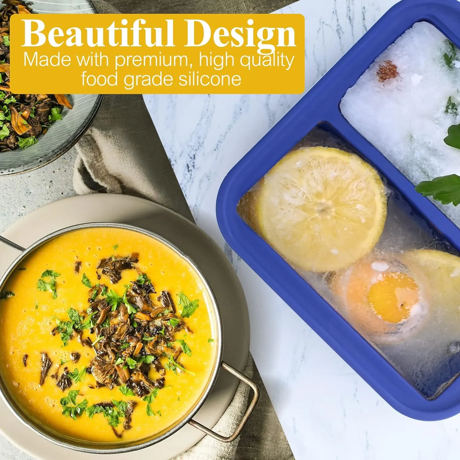 2 Cup Silicone Freezer Trays with Lid 2 Pack Silicone Soup Freezer Molds Make 4 Perfect 2 Cup Portions - Easy Release Soup Freezer Containers for Food Soup, Broth, Stew or Sauce