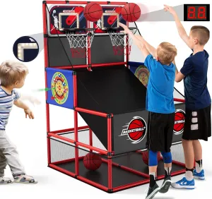 2 in 1 Dual Shot Basketball Arcade Game with 2 Dart Boards/Electronic Scoreboard/LED Light, Kids Basketball Hoop for Home Indoor Outdoor, Sport Toys Gifts for Boys Girls