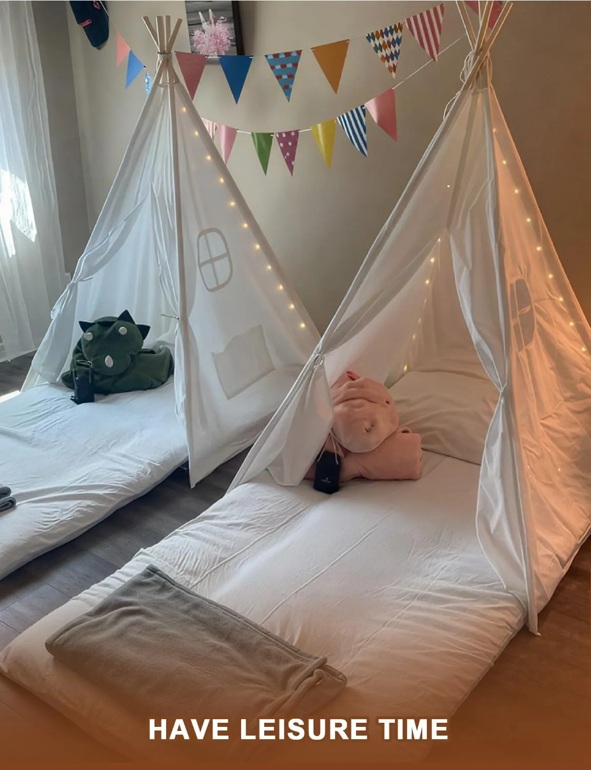 2 Pack Teepee Tent for Kids with Light, Toddler Foldable Slumber Party Sleepover Tents, Indoor Outdoor Kids Play Tent Playhouse for Girls & Boys Gifts
