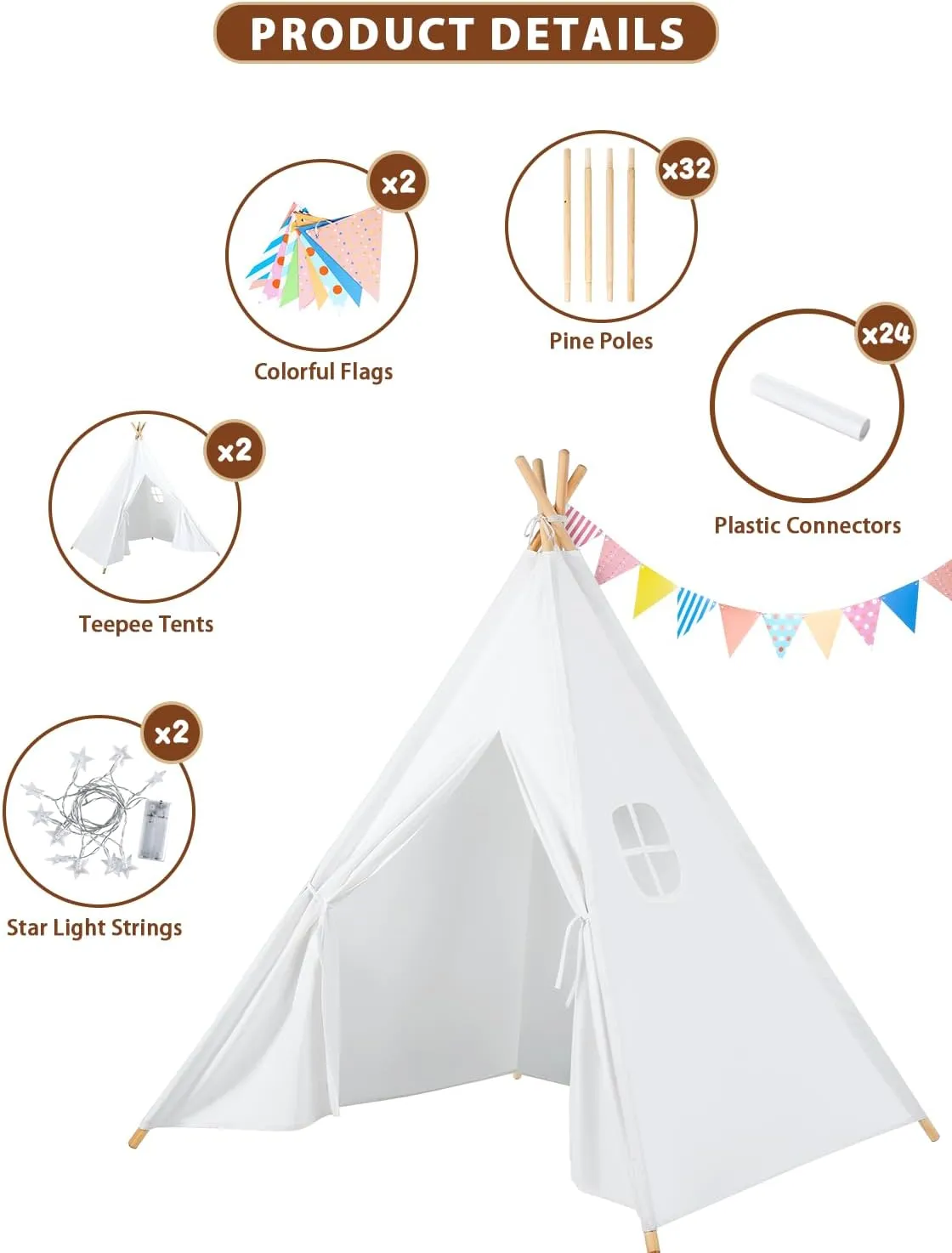 2 Pack Teepee Tent for Kids with Light, Toddler Foldable Slumber Party Sleepover Tents, Indoor Outdoor Kids Play Tent Playhouse for Girls & Boys Gifts