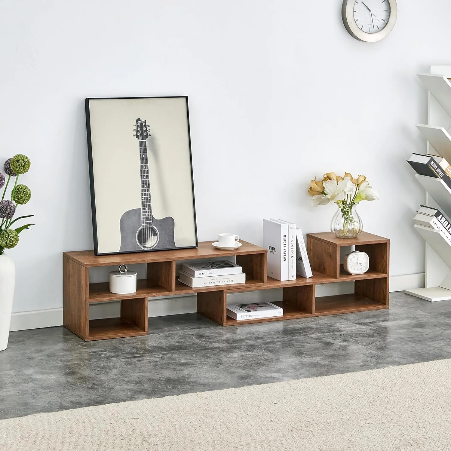 2-Piece Cube TV Stand & Bookshelf Set, Free Combination Modular L-Shaped Entertainment Center Media Stand with Open Storage Shelves, Gaming TV Console for Living Room (Walnut)