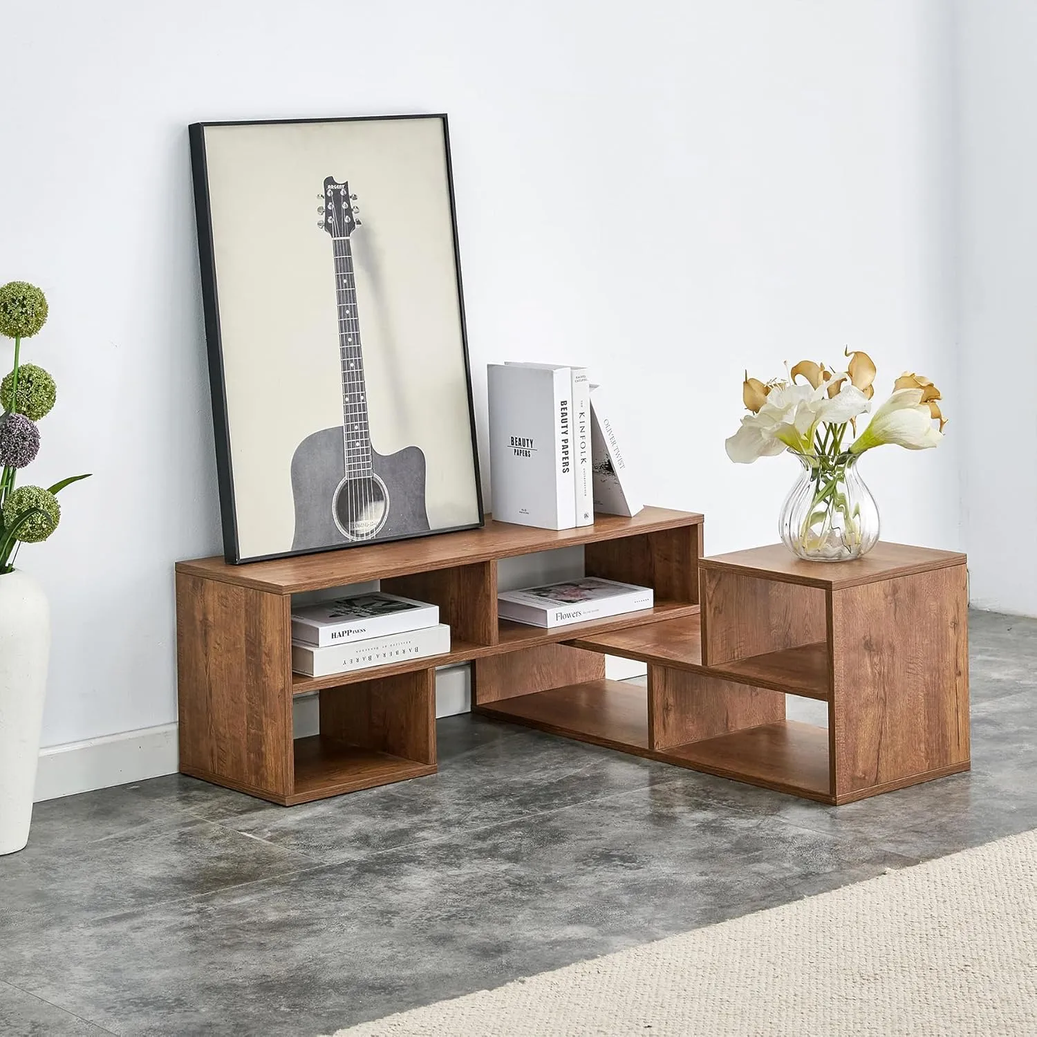 2-Piece Cube TV Stand & Bookshelf Set, Free Combination Modular L-Shaped Entertainment Center Media Stand with Open Storage Shelves, Gaming TV Console for Living Room (Walnut)