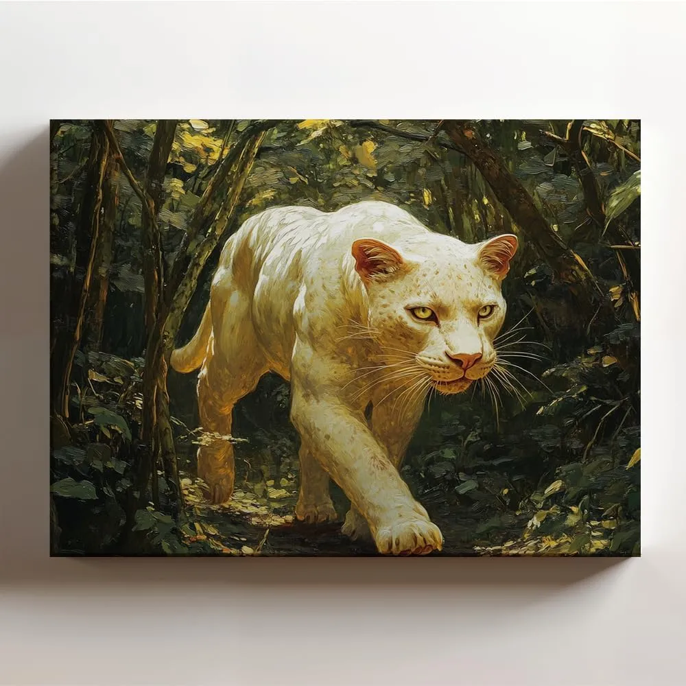 (20 x 16 x 1.25 IN) Gallery Wrapped Canvas Wall Art Print of Abstract Expressionism of Albino White Panther in Celtic Sacred Grove Forest - Otherworldly Art for Home Decor, Unique W - 925UNCAi456203WH