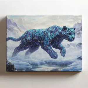 (20 x 16 x 1.25 IN) Gallery Wrapped Canvas Wall Art Print of Cubism of a Celestial Panther with Starry Fur Crossing a Misty River in an Icy Tundra - Abstract Wall Art for Nature Lov - 925UNCAi465603WH