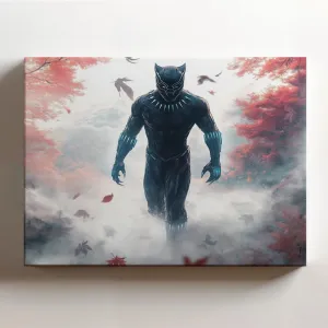 (20 x 16 x 1.25 IN) Gallery Wrapped Canvas Wall Art Print of Cyberpunk : Black Panther Walking Through a Dreamlike Japanese Maple Forest in a Foggy Valley - Stunning Wall Art for Ho - 925UNCAi462003WH