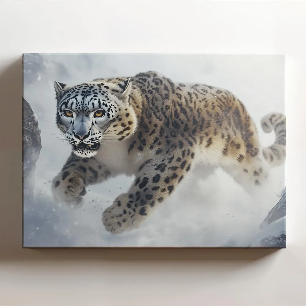 (20 x 16 x 1.25 IN) Gallery Wrapped Canvas Wall Art Print of Line Art : Snow Leopard Panther charging through the snow in a deep foggy valley, evoking powerful presence - 100% Cotto - 925UNCAi456003WH