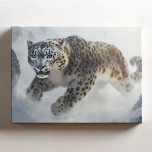 (20 x 16 x 1.25 IN) Gallery Wrapped Canvas Wall Art Print of Line Art : Snow Leopard Panther charging through the snow in a deep foggy valley, evoking powerful presence - 100% Cotto - 925UNCAi456003WH