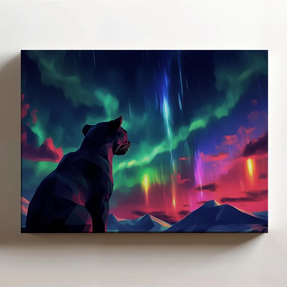 (20 x 16 x 1.25 IN) Gallery Wrapped Canvas Wall Art Print of Low-Poly Wall Art : Shadow Panther Blending into Darkness;north lights Thunderstorm Art; Evoking Primal Instinct; Unique - 925UNCAi459403WH