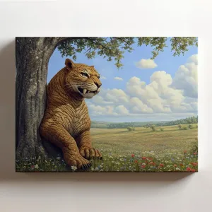 (20 x 16 x 1.25 IN) Gallery Wrapped Canvas Wall Art Print of Realism of Saber-tooth Panther Leaning Against a Tree in an Open Field with Wildflowers | Evoking Unwavering Focus | Nat - 925UNCAi461703WH