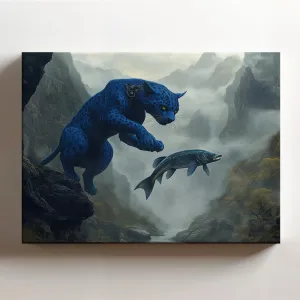 (20 x 16 x 1.25 IN) Gallery Wrapped Canvas Wall Art Print of Steampunk Panther - Blue Phantom Catching Fish in Foggy Valley - Stunning Wall Art for Spiritual Awakening and Home Deco - 925UNCAi459303WH