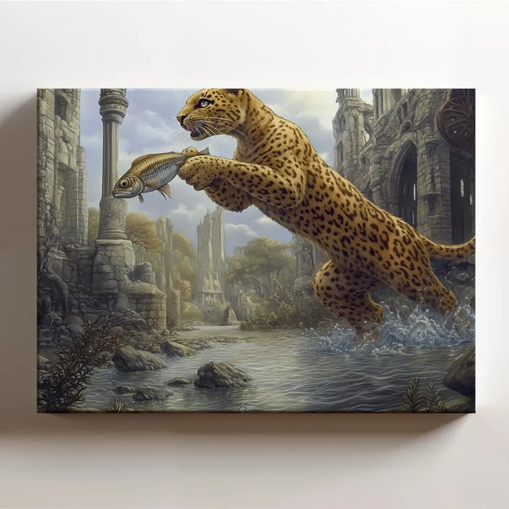 (20 x 16 x 1.25 IN) Gallery Wrapped Canvas Wall Art Print of Steampunk Wall Art of a Golden Panther Capturing a Fish in Gothic Ruins by a River, Unique Nature Decor for Living Room, 925UNCAi461603WH