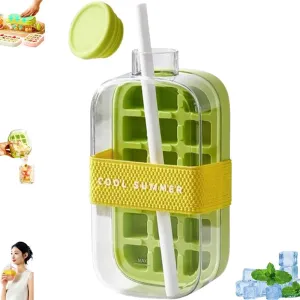 2025 New Ice Cube Bottle 500ML & 800ML – 2-in-1 Ice Tray & Water Bottle with Straw, Lid & Webbing | Leakproof, BPA-Free, Touch-Free Ice Release | For Travel, Juice & Outdoors (GREEN, 800ml / 27oz)